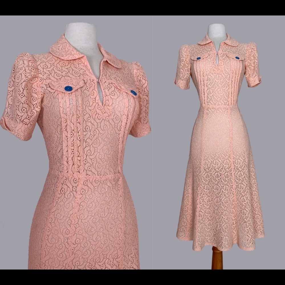 Vintage 1930s Peachy Pink Cotton Lace Afternoon Dress